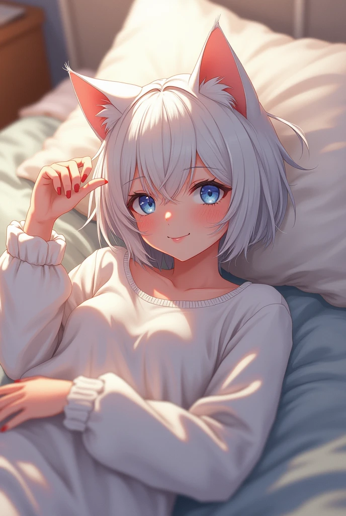 Catgirl lying on a bed, wearing messy white pajamas, blue colored eyes, Caucasian skin, white hair soft smiling expression, perfectbody, messy white sweater