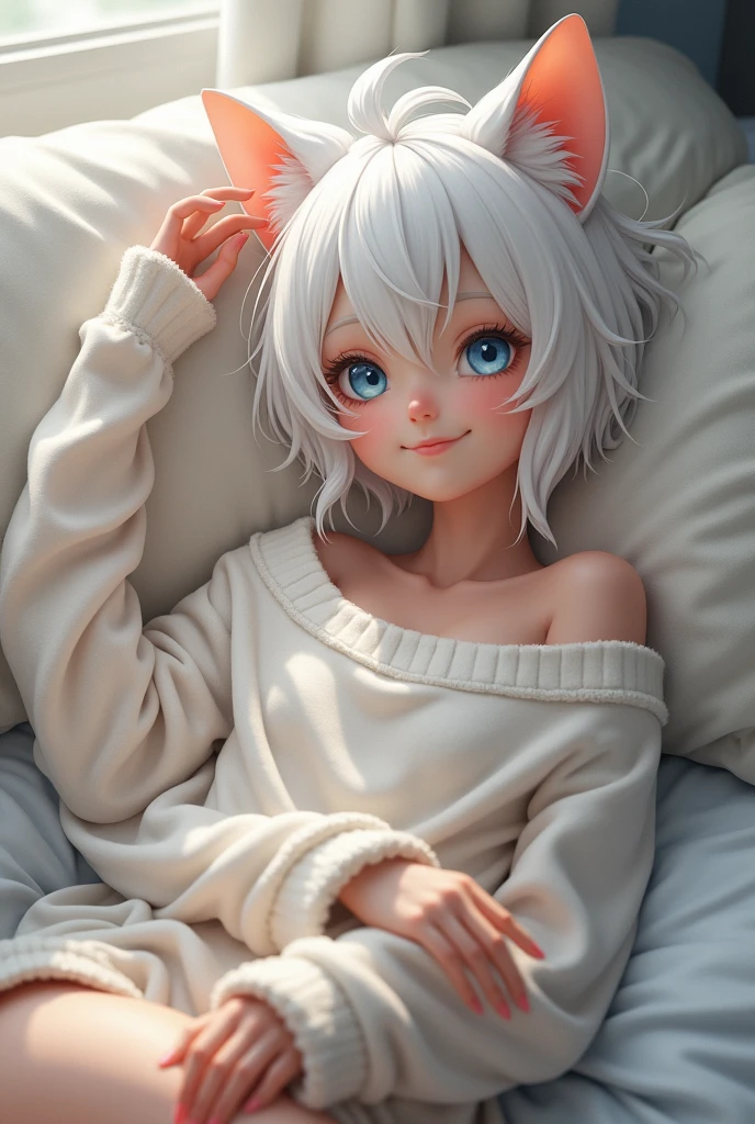 Catgirl lying on a bed, wearing messy white pajamas, blue colored eyes, Caucasian skin, white hair soft smiling expression, perfectbody, messy white sweater