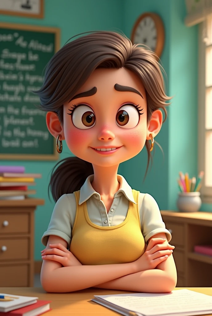 Double-faced teacher, one where she looks happy and the other is serious or angry, animated cartoon