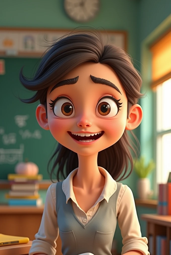 Double-faced teacher, one where she looks happy and the other is serious or angry, animated cartoon