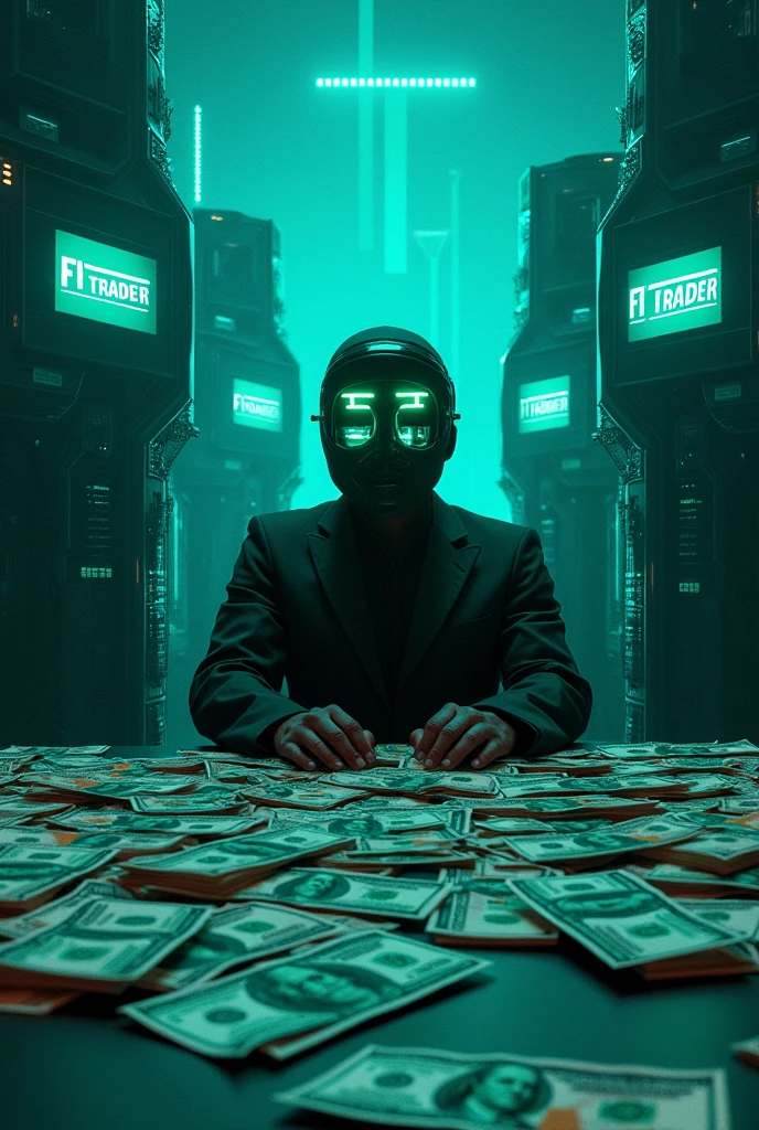 man with the following characteristics Looking at a PC with a mask covering his entire face and his eyes glowing green or bright cinematic blue with several giant computers with FT trader written on the screen clearly visible on the side, many dollars on the table with 8k memes effects, surreal, digitl art, brain waves, flow of information, cultural transmission, subconscious, abstract pattern, psychedelic, neon colors, glitch art, cyber punk, cinematic lighting, 
