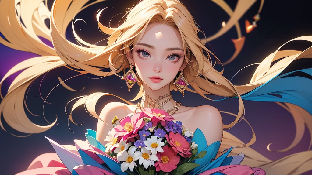 32K, 最高quality, 最高masterpiece, (ultra-Detailed Background, Detailed Background), High resolution, Super detailed, Very detailedな, 1 personの, (bouquet:1.3), (Tangled:1.2), (Geometric:1.2),(colorful),(masterpiece, quality, best quality, Official Art, Beautiful and beautiful:1.2), (1 person:1.3), Very detailed,(colorful:1.1)(Flowers:1.3),Most detailed,(Tangled:1.2), whole body, (Abstract background:1.3), (Skin glows), (Many colors:1.4), ,(Earrings Jewelry:1.5), Gradient Background, It's imaginative., Flaxen Hair,