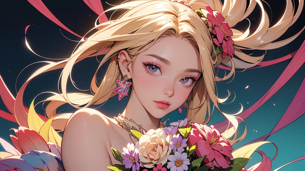 32K, 最高quality, 最高masterpiece, (ultra-Detailed Background, Detailed Background), High resolution, Super detailed, Very detailedな, 1 personの, (bouquet:1.3), (Tangled:1.2), (Geometric:1.2),(colorful),(masterpiece, quality, best quality, Official Art, Beautiful and beautiful:1.2), (1 person:1.3), Very detailed,(colorful:1.1)(Flowers:1.3),Most detailed,(Tangled:1.2), whole body, (Abstract background:1.3), (Skin glows), (Many colors:1.4), ,(Earrings Jewelry:1.5), Gradient Background, It's imaginative., Flaxen Hair,