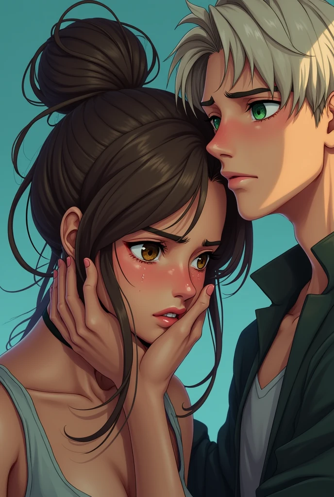brown hair messy bun woman crying with brown eyes,tan skin a tall man with white blonde hair,plae skin and green eyes (fornite skin) and he rubbing her hair
Anime skin