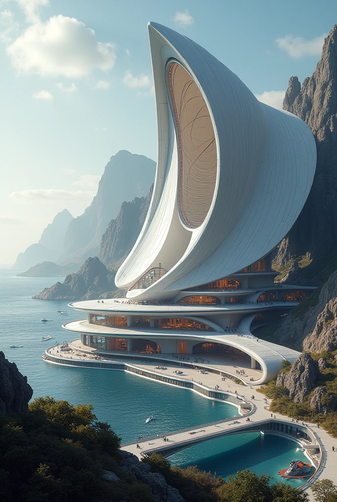 masterpiece, Highest quality, High resolution, sf、Scallop-shaped spaceport、