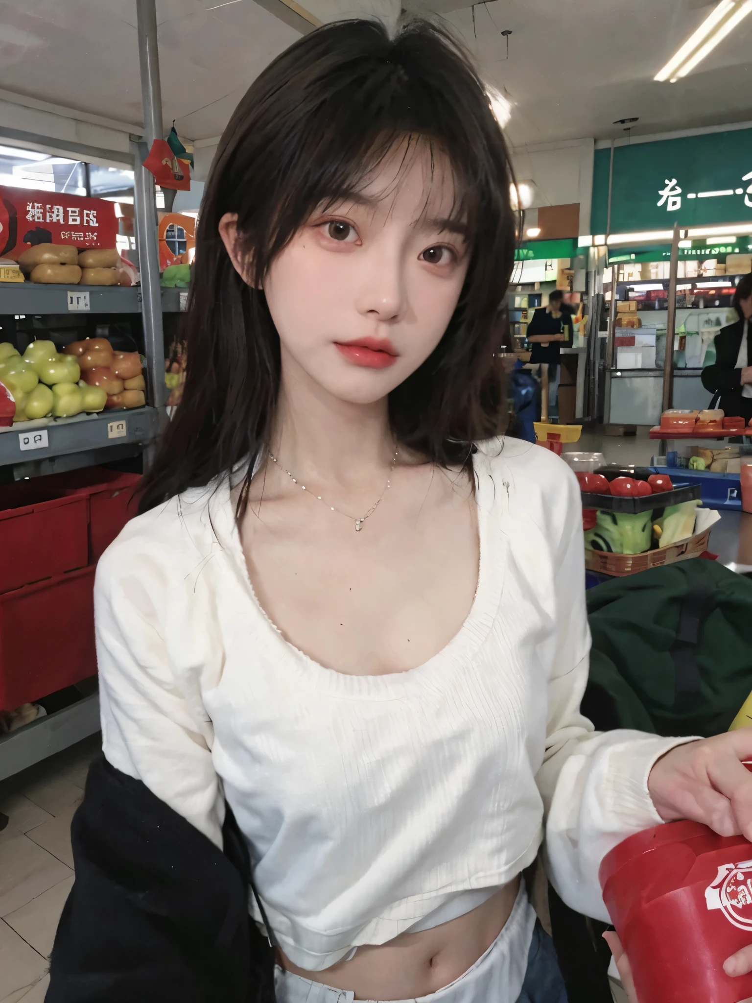 Best quality,Ultra-high resolution,(Realism:1.4),Cute hairpins,girll,Cropped black sweater,Look directly at the audience,Full of atmosphere,Beautiful woman with a slim figure:1.4,supermarket,whole body,Super delicate face,Exquisite eyes,Double eyelids,necklace