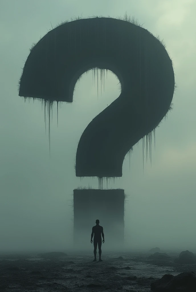 A black gigantic question mark
A faceless man smaller than the mark