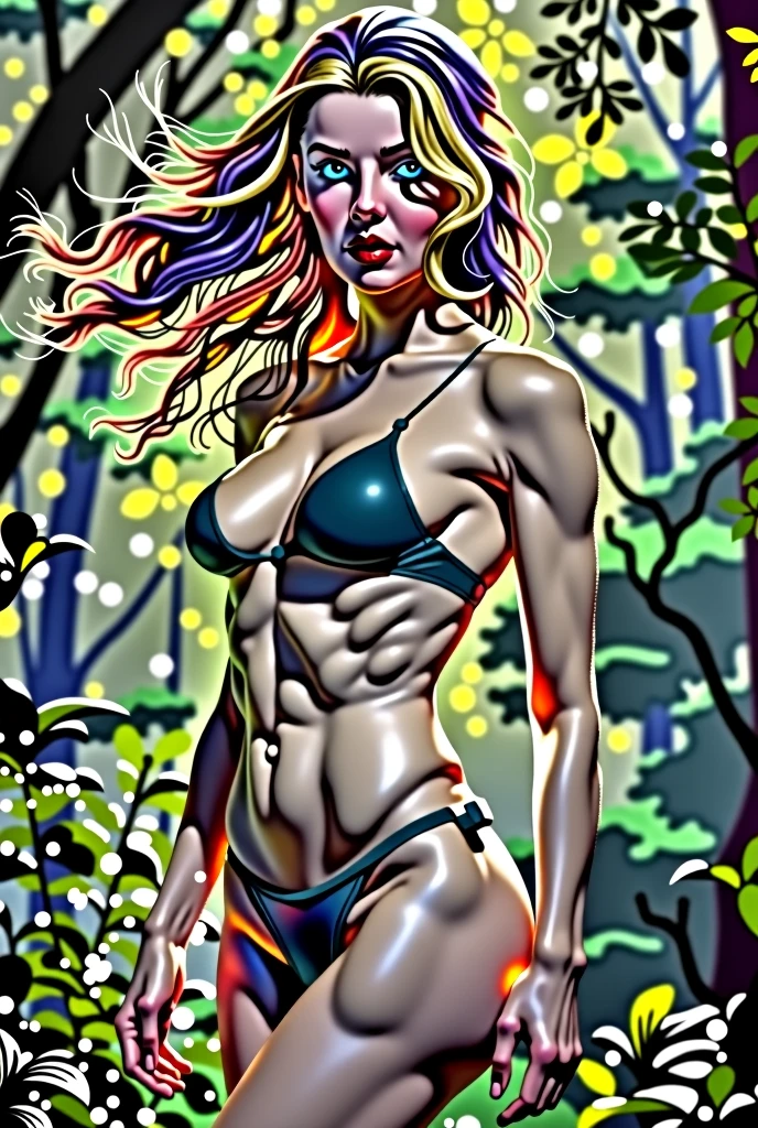 ((masterpiece)), ((Highest quality)), (Portrait of a beautiful girl), Eye for perfect detail, Face in perfect detail,The perfect athlete has muscles,A well-defined body, Perfect nude,Cracking abs,Very elaborate nose, Open your mouth, 、 Perfect Teeth, Full body exposure,Adult, Charm, Perfect Face, Dimples on cheeks, Depth of written boundary, High resolution, ((Realistic skin texture)), (Well-proportioned hands), Thin lips, Random color hair, Floating multicolored hair, Long Hair, forest