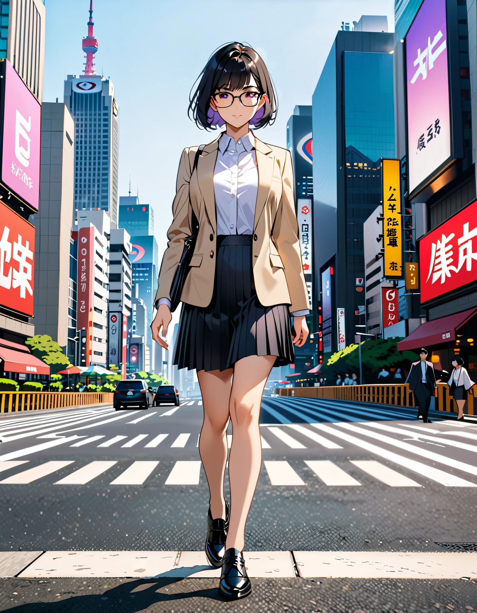 1girl, medium breasts, leotard, bare legs, shoes, matching shoes, city backdrop, solo, single, standing, full body shot, cowboy shot, beautiful detailed eyes, mature lady, glasses, office lady, suit, pencil skirt, miniskirt