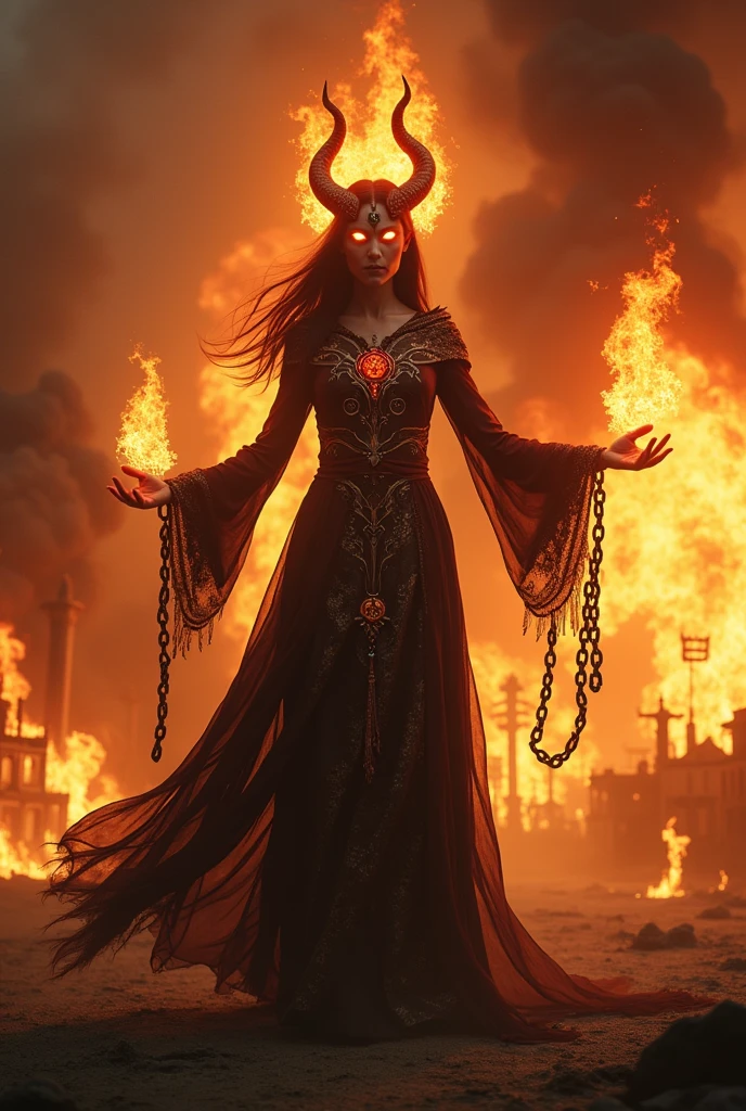 (extremely detailded 8k wallpaper) +, a medium shot of a demonic sorceress conjuring fire on a burning and destroyed village, various burning chains around her,intrikate, high détail, Dramatic, Masterpiece of best quality, photorrealistic, detailded, 8k, HDR, backlight, flowering, Chromatic aberration, sharp focus, Post-apocalyptic,