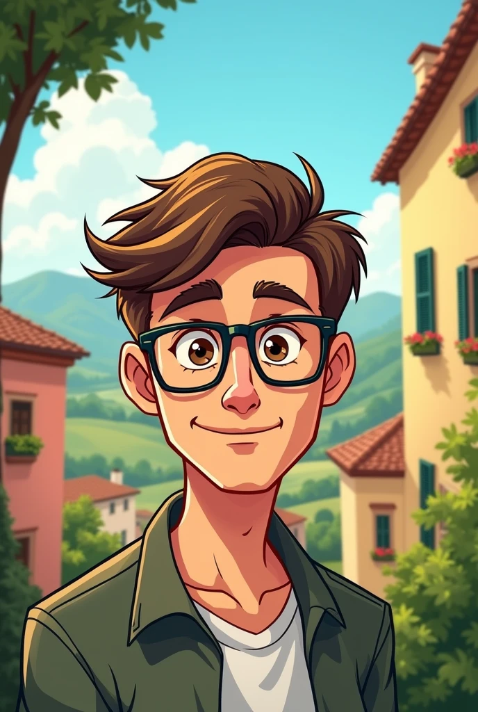 2D CARTOON DRAWING OF A MAN WITH SHORT BROWN HAIR, White skin, WITH BROWN EYES GLASSES WITH ITALY BACKGROUND