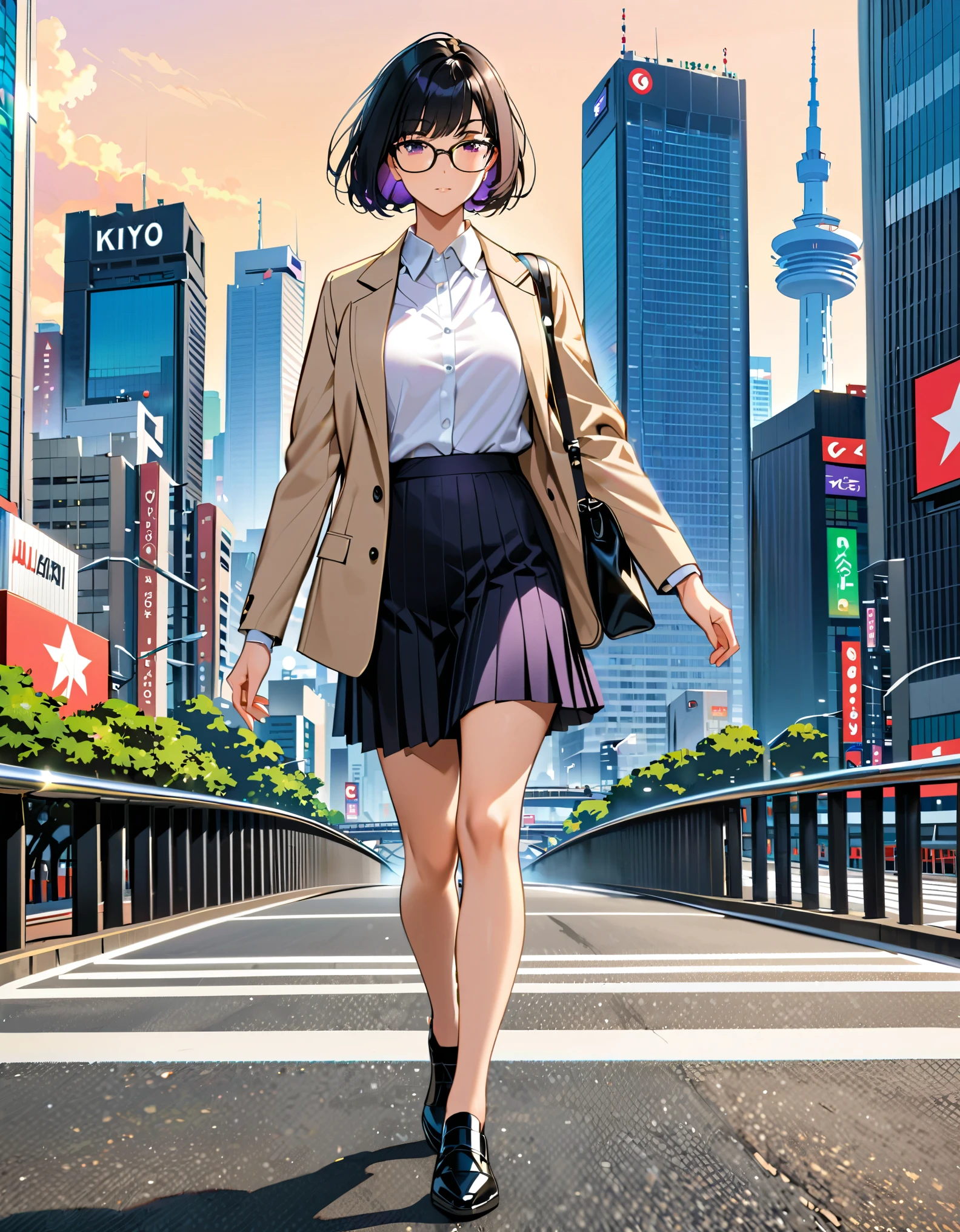 (masterpiece), (best quality), (medium breasts), solo, (jet black hair, short hair, bob hair, purple eyes, bangs), (full body), city backdrop, tokyo city backdrop, solo, solo focus, walking, beige suit jacket, glasses, white shirt, collared shirt, black pleated skirt, matching black shoes, (perfect hands, perfect anatomy), cowboy shot, superhero, ((beautiful detailed eyes)).