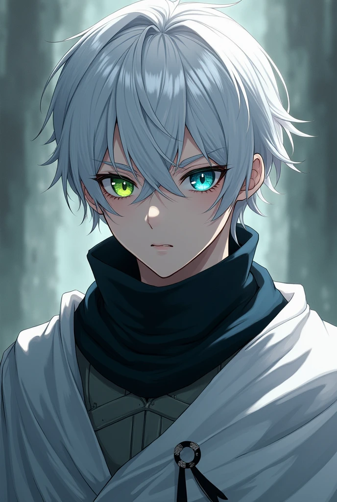 A male character with short white hair, one green eye and one blue eye with a black scarf, a white cape and a gray anime-type shirt.