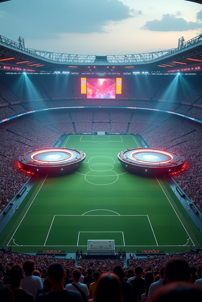 Football field with two 360 music stages for shows on opposite sides connected by a bridge