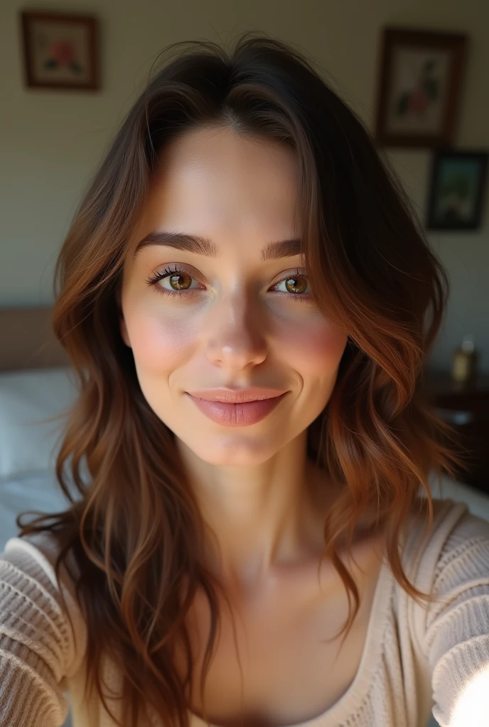 Generate a full face selfie of a 38 year lady with brown hair in her bedroom during the morning
