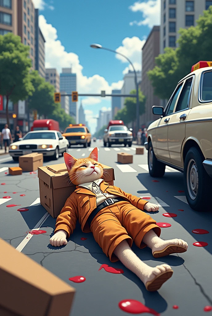 At an intersection, the cat's scooter is struck by a speeding car. The cat's body lies in the middle of the road, Blood streams downwith the delivery boxes' contents scattered everywhere. The cat's uniform is torn, and its hat is thrown aside, creating a scene of utter devastation. The background shows cars screeching to a halt and pedestrians with shocked expressions.,