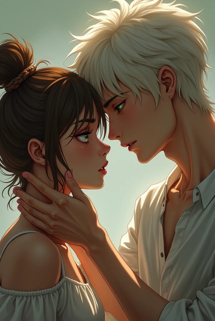 brown hair messy bun woman crying with brown eyes,tan skin a tall man with white blonde hair,plae skin and green eyes (fornite skin) and he rubbing her hair
Anime skin kissing