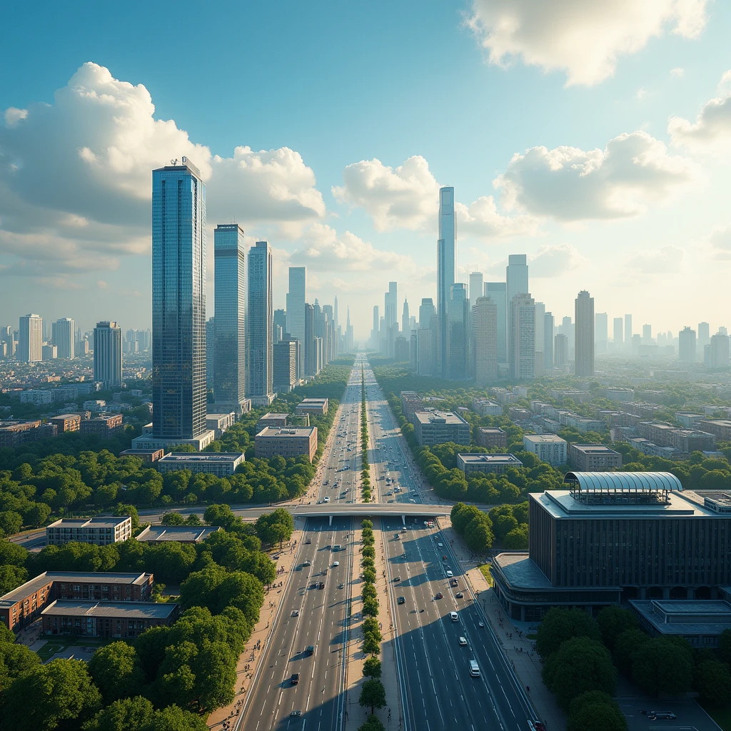 detailed aerial view of a modern city, sunny day, beautiful skyscrapers, residential buildings, streets, vehicles, pedestrians, trees, parks, blue sky, white clouds, sunlight, cinematic lighting, photorealistic, 8k, high quality