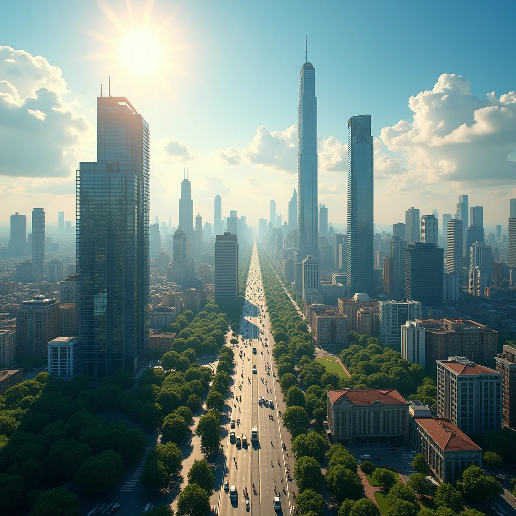 detailed aerial view of a modern city, sunny day, beautiful skyscrapers, residential buildings, streets, vehicles, pedestrians, trees, parks, blue sky, white clouds, sunlight, cinematic lighting, photorealistic, 8k, high quality