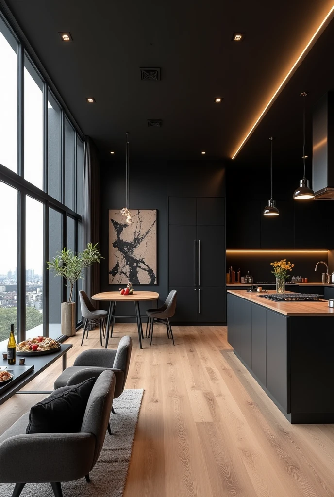 project of an apartment with living room, integrated dining room and kitchen, in black colors, wood and contrasting colors, with beige floor