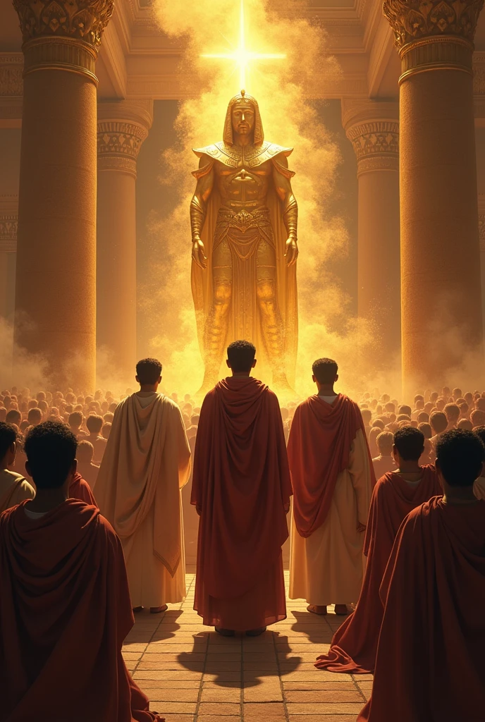Create a dramatic and vibrant scene that shows Shadrach, Meshach and Abednego desafiando o decreto do rei. En el centro de la imagen, highlight the three young Hebrews, firm and standing, visibly determined and courageous, while everyone around him is kneeling in worship before a large, imposing golden statue of the king. The contrast between the three young men and the kneeling crowd must be striking.. The scene should convey an atmosphere of tension and bravery.. The background should show a grand and opulent environment, with the statue of the king in the spotlight and the crowd of kneeling subjects, reflecting the oppressive and authoritarian environment of the palace. Be sure to capture the expression of steadfastness and faith on Shadrach's face., Meshach and Abednego, contrasting with the submission and fear of others."