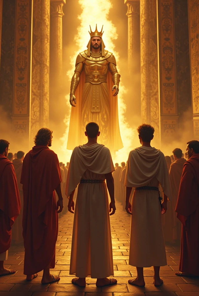 Create a dramatic and vibrant scene that shows Shadrach, Meshach and Abednego desafiando o decreto do rei. En el centro de la imagen, highlight the three young Hebrews, firm and standing, visibly determined and courageous, while everyone around him is kneeling in worship before a large, imposing golden statue of the king. The contrast between the three young men and the kneeling crowd must be striking.. The scene should convey an atmosphere of tension and bravery.. The background should show a grand and opulent environment, with the statue of the king in the spotlight and the crowd of kneeling subjects, reflecting the oppressive and authoritarian environment of the palace. Be sure to capture the expression of steadfastness and faith on Shadrach&#39;s face., Meshach and Abednego, contrasting with the submission and fear of others."