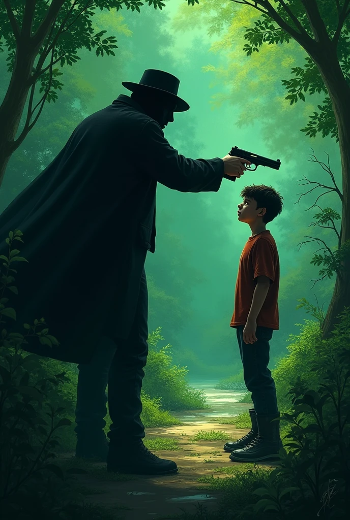 Someone is killing to gun someone boy with green shooting background