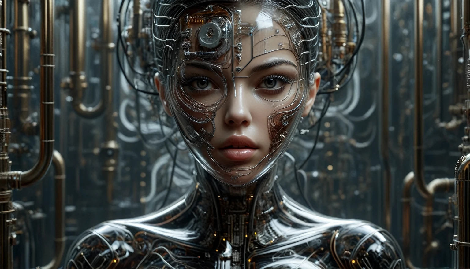 (masterpiece), (great), (Extremely fine), Wallpaper, Giger, ULTRA DEFINED, ultra realistic, transparent, portrait, intricate biomechanical details, shout, glass, neon, Water, tubes and cables running throughout, circuitos transparents, all full of cables and circuits with viscous fluid, expressive asian female face in detailed foreground connected to background by tubes and wires, Goddess, very feminine and sensual, expressive screaming excitedly towards the spectator, darkness, meat and fluids, rostro transparent, grotesque, sexual