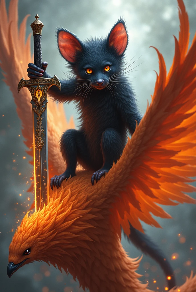 A black-eared possum with a sword on top of a phoenix