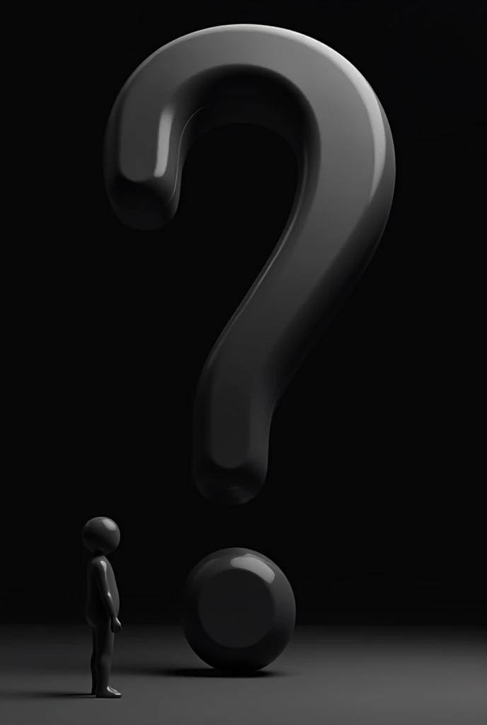 A black gigantic question mark
With a black background
A faceless man smaller than the mark