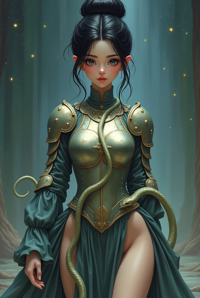 The female upper body retains her charming humanoid form,The lower body transforms into a snake-like form.。Delicate facial features、Black hair、Wearing a high bun、Pay attention to detail,No human legs,Only a flexible snake tail,Showing a smooth and charming hybrid body shape with scales and flesh blending perfectly,There is a cuirass,Cover the chest。Starry background。The painting uses soft tones。Its style tends to be realistic,Exquisite details。Highest quality overall,And the resolution is up to 8K,Adding details