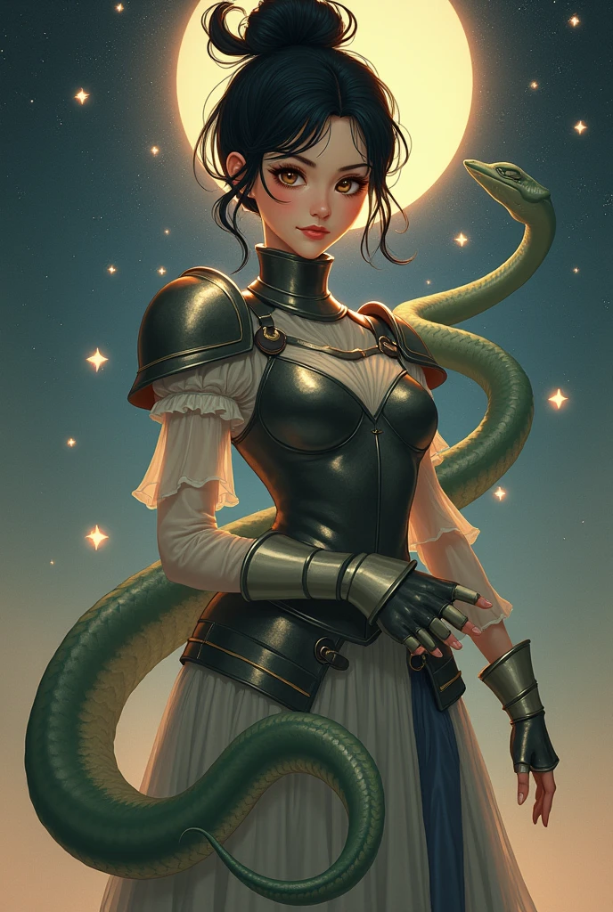The female upper body retains her charming humanoid form,The lower body transforms into a snake-like form.。Delicate facial features、Black hair、Wearing a high bun、Pay attention to detail,No human legs,Only a flexible snake tail,Showing a smooth and charming hybrid body shape with scales and flesh blending perfectly,There is a cuirass,Cover the chest。Starry background。The painting uses soft tones。Its style tends to be realistic,Exquisite details。Highest quality overall,And the resolution is up to 8K,Adding details