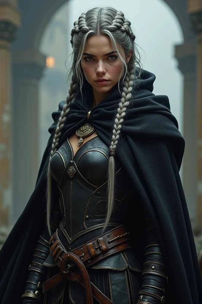 A female half king whose braided hair is white and black. She is wearing dark leather armor with a black cloak. Her eyes are brown and she has a few freckles across her nose.