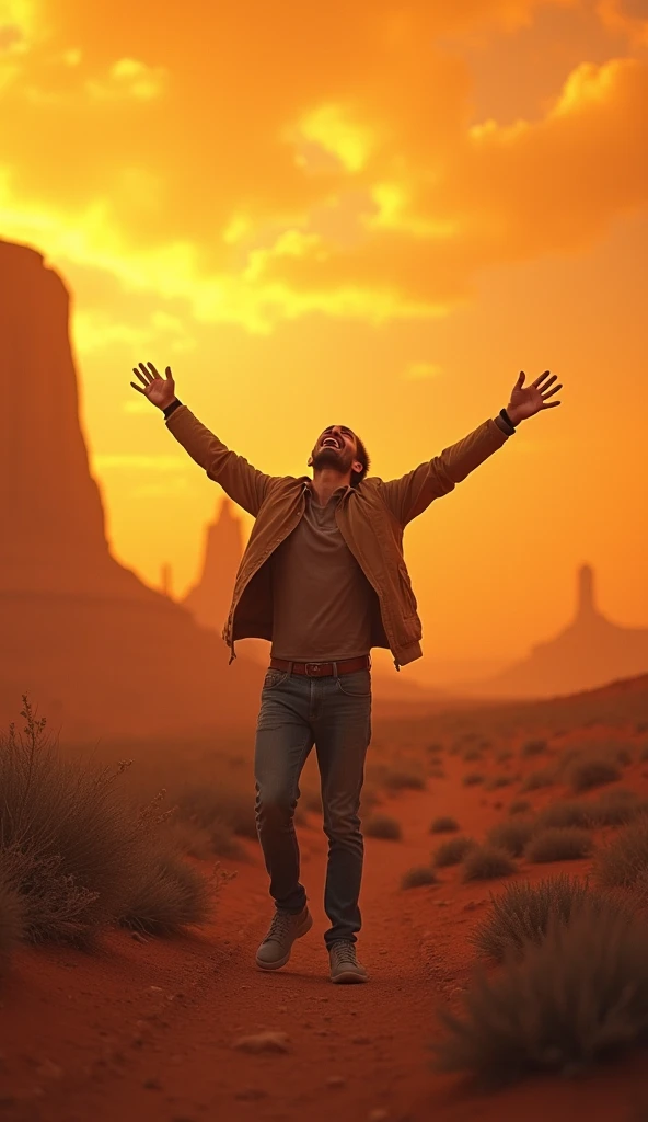 A man person who is laughing as if free from problems, a confusing atmosphere with a unique panoramic background, there is a reddish yelow bias in the sky and an atmosphere that is rarely known to humans man.