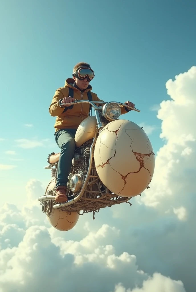  flying on a motorcycle made from chicken eggs