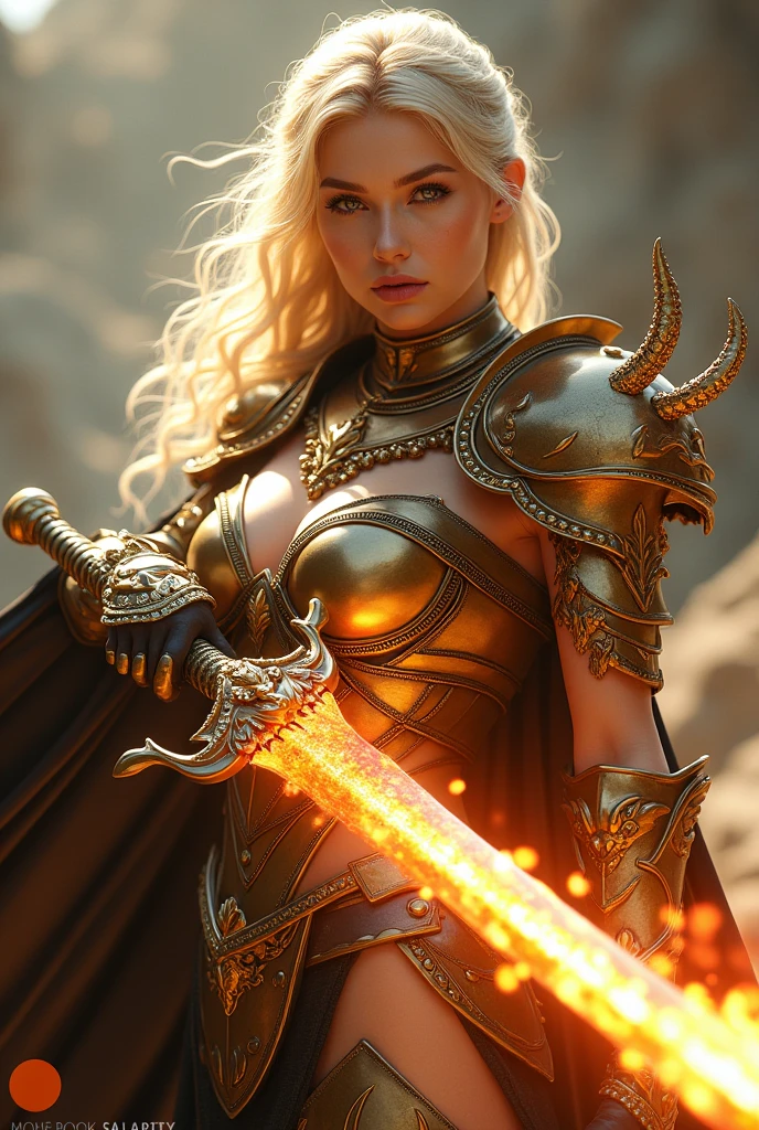 Great quality, masterpiece, Highest quality, Very detailed, Very detailed, Ultra-high resolution, 32K Girl Clear and beautiful eyes masterpiece mysterious
, Wearing armor with a wonderful texture, Gold, black and silver armor, Glowing flaming sword in hand, Soft colors, blonde, Dragon Shoulder Fire-breathing Dragon Sword Stylish gorgeous demonic gauntlets Cinema Lighting Realistic Clear, beautiful eyes 8k.Crystal Shoulder Pads, Very detailed Black and Gold Demonic Shield Full body pose Pose to greet the enemy
