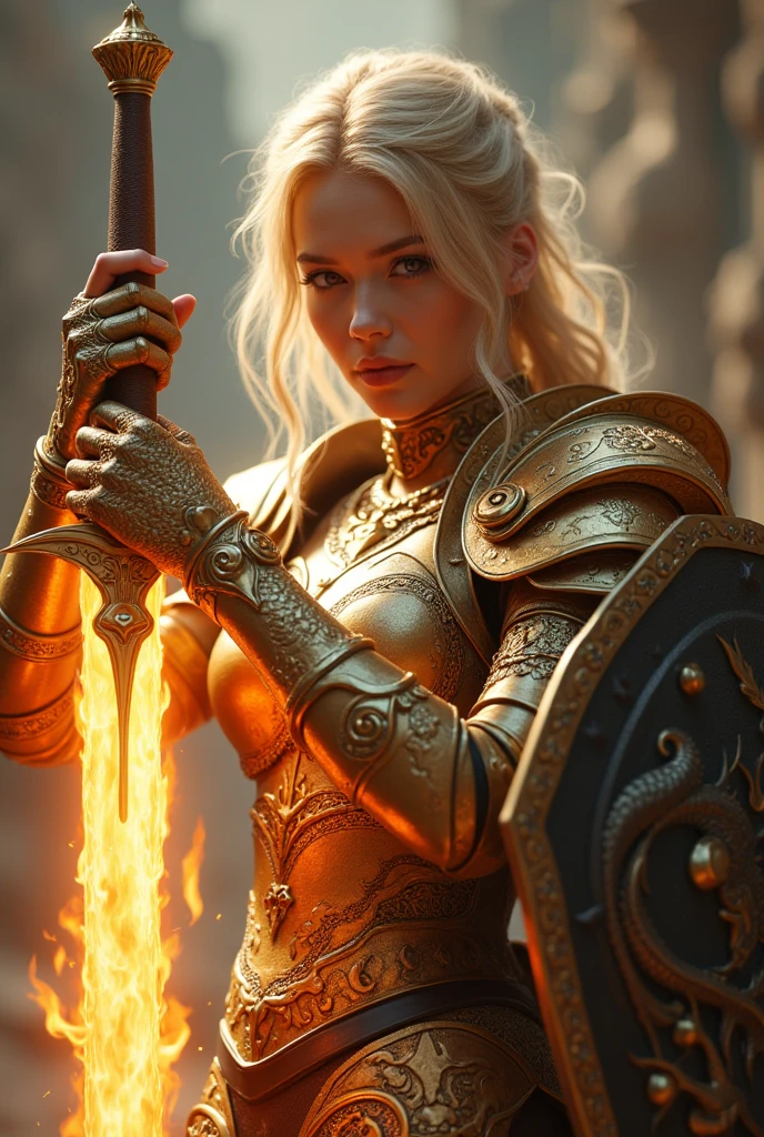 Great quality, masterpiece, Highest quality, Very detailed, Very detailed, Ultra-high resolution, 32K
, Stylish pose, Wearing armor with a wonderful texture, Gold Armor, Glowing flaming sword in hand, Soft colors, blonde, Dragon'shoulder 火を吐くDragon Sword Stylish gorgeous demonic gauntlets Cinema Lighting Movie Posters Realistic Clear, beautiful eyes 8k.Crystal Shoulder Pads, Very detailed Black and Gold Demonic Shield