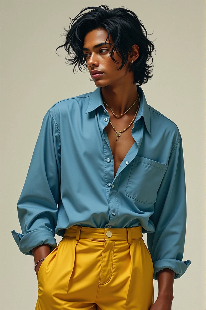 Black hair, black eyes, brown skin with black, blue shirt, mayonnaise pants and he is a man