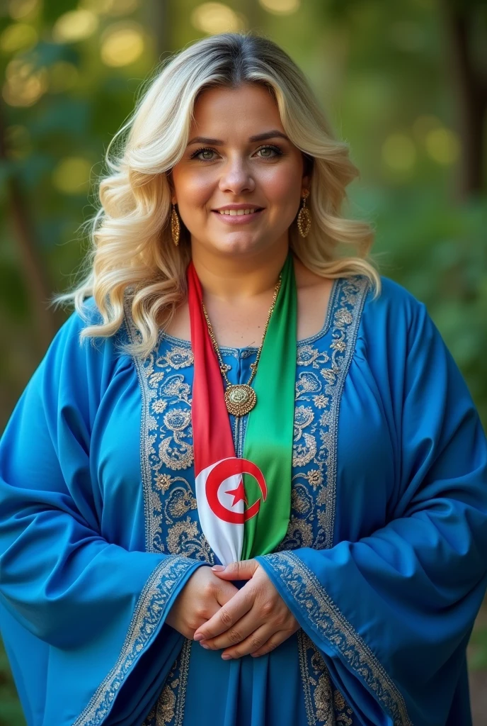 Close up, woman, blonde, plump, wearing a latest style blue embroidered and decorated caftan, holding the Algerian flag around her neck in white and green, looking directly at the camera, she is standing on the green nature