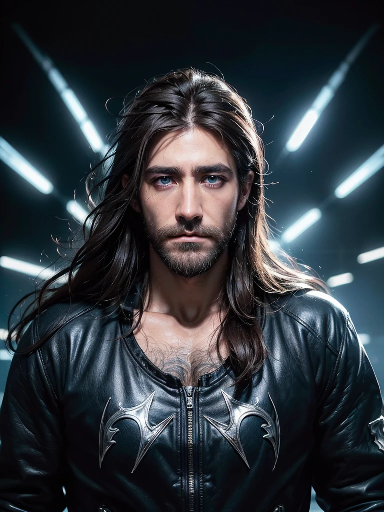 ((An attractive man with perfect body with dark brown hair and blue eyes with a serious and mysterious look)), (Jake Gyllenhaal), ((one man)), (((Wearing headbanger metal fan clothes))), (((punk style))), ((absurdres)), (masterpiece 1.3), (incredibly detailed), (highres:1.1), (high detailed skin:1.4), (high quality lighting), (skin texture), (UHD), (64K), (studio lighting), (photorealistic), (hyper realistic), (symmetric face), (unreal engine), (bokeh), (high resolution scan), (professional photograph), ((stunning handsome man)), ((short beard)), ((stoic)), ((stern looking)) , (dastan character game), ((symmetrical eyes)), (strong jawline), (blue eyes), (dark brown hair), (Long hair), (1man), (solo), (dark atmosphere), (Dynamic poses)