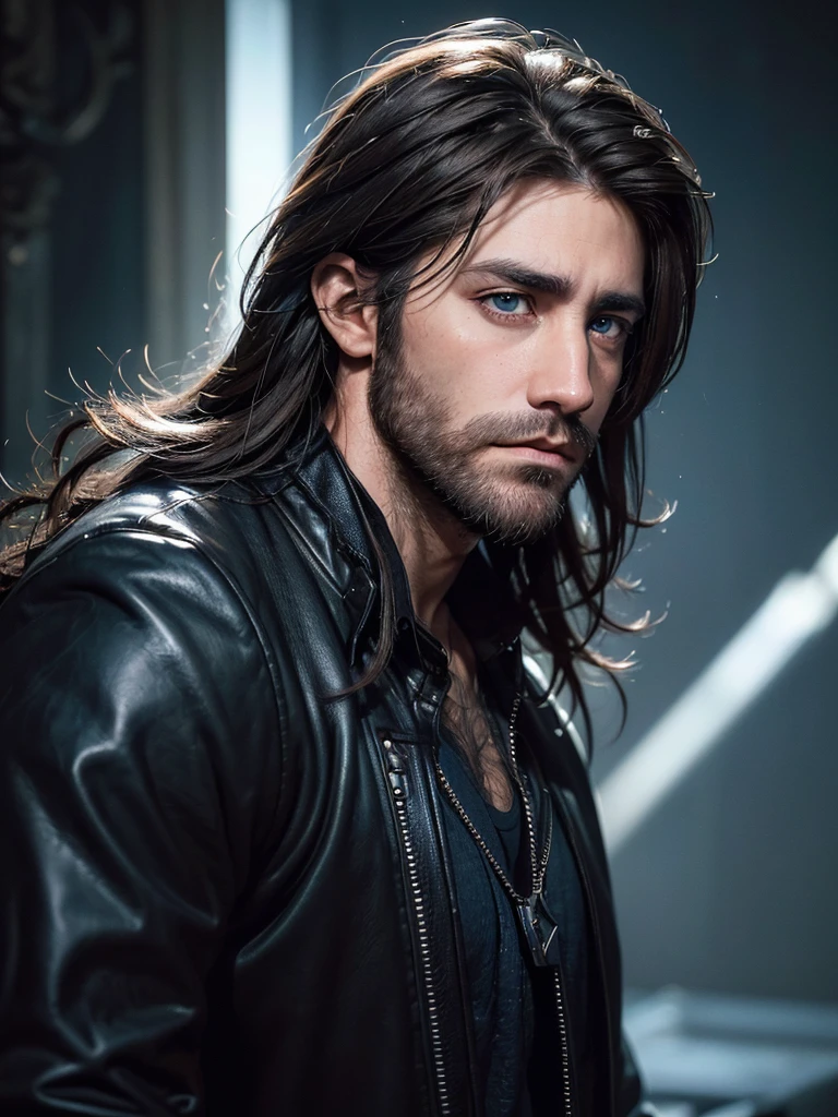 ((An attractive man with perfect body with dark brown hair and blue eyes with a serious and mysterious look)), (Jake Gyllenhaal), ((one man)), (((Wearing headbanger metal fan clothes))), (((punk style))), ((absurdres)), (masterpiece 1.3), (incredibly detailed), (highres:1.1), (high detailed skin:1.4), (high quality lighting), (skin texture), (UHD), (64K), (studio lighting), (photorealistic), (hyper realistic), (symmetric face), (unreal engine), (bokeh), (high resolution scan), (professional photograph), ((stunning handsome man)), ((short beard)), ((stoic)), ((stern looking)) , (dastan character game), ((symmetrical eyes)), (strong jawline), (blue eyes), (dark brown hair), (Long hair), (1man), (solo), (dark atmosphere), (Dynamic poses)
