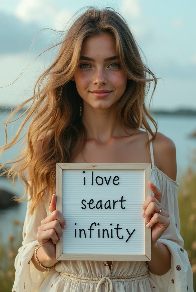 Beautiful girl with wavy long hair, bohemian dress, holding a white board with text "I Love Seaart Infinity" and showing it to the viewer