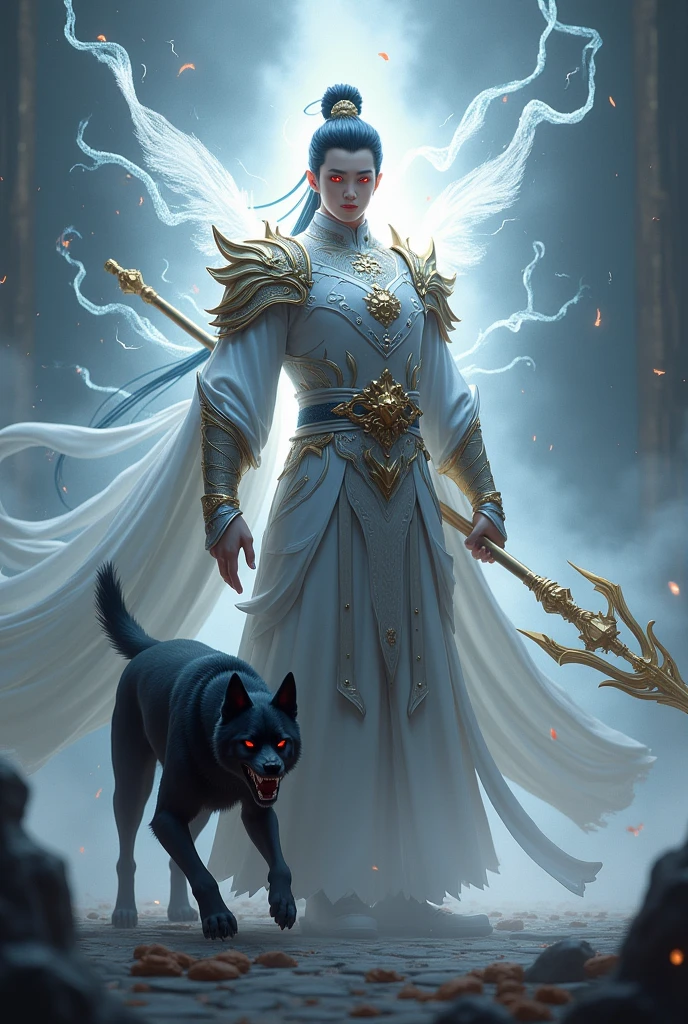 Full body photo,Unreal Engine,Heavenly general,Erlang Shen Yang Jian,Silver shining,Holy Backlight,White streamer flying,Full of pressure,Wearing silver armor,Red eyes,Holding a golden trident behind his back,The black growling dog followed closely behind,Ferocious face,Dark mythology style,The scene is ethereal,Ethereal,Dark Tones,Perfect composition,Smile