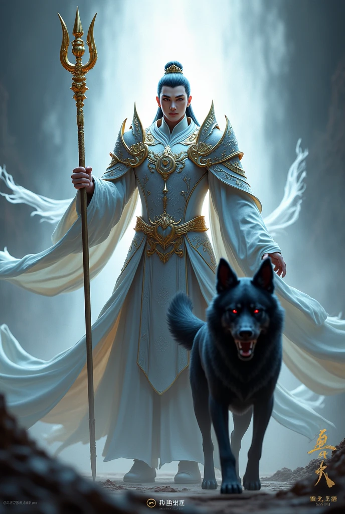 Full body photo,Unreal Engine,Heavenly general,Erlang Shen Yang Jian,Silver shining,Holy Backlight,White streamer flying,Full of pressure,Wearing silver armor,Red eyes,Holding a golden trident behind his back,The black growling dog followed closely behind,Ferocious face,Dark mythology style,The scene is ethereal,Ethereal,Dark Tones,Perfect composition,Smile