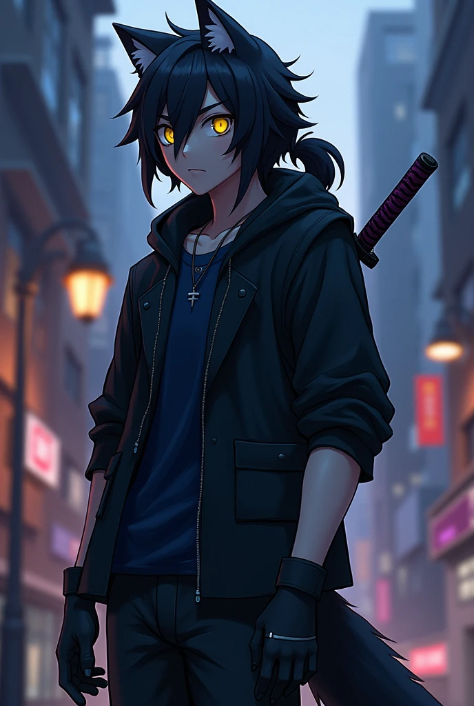 A Sonic-style wolf with long, short black hair covering the left side of his eye a little and with a slightly large ponytail., with big yellow eyes, with black cold weather blouse with dark blue shirt, black pants and black men&#39;s boots, with black gloves, and with a purple sheathed Katana on his back, With the background of an urban city, dusk.
