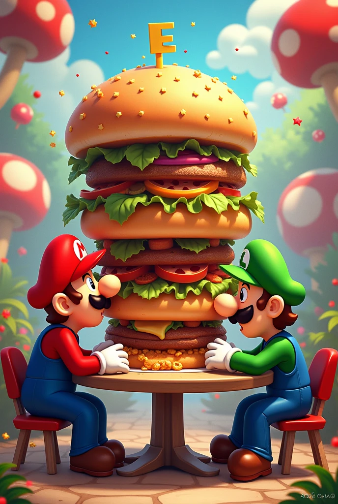 Mario Bros eating giant burger