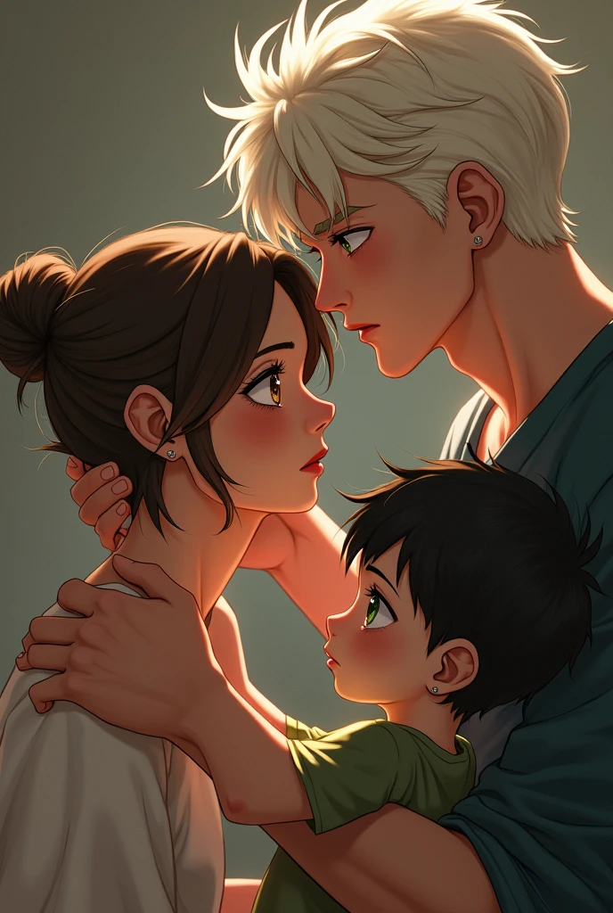 brown hair messy bun woman crying with brown eyes,tan skin a tall man with white blonde hair,plae skin and green eyes (fornite skin) and he rubbing her hair
Anime skin with their  son