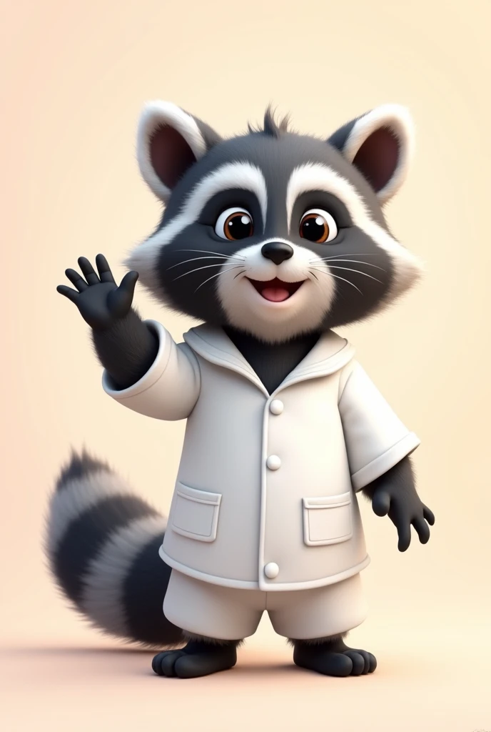 Adorable and cute raccoon wearing white outfit with friendly face in standing position and waving hand