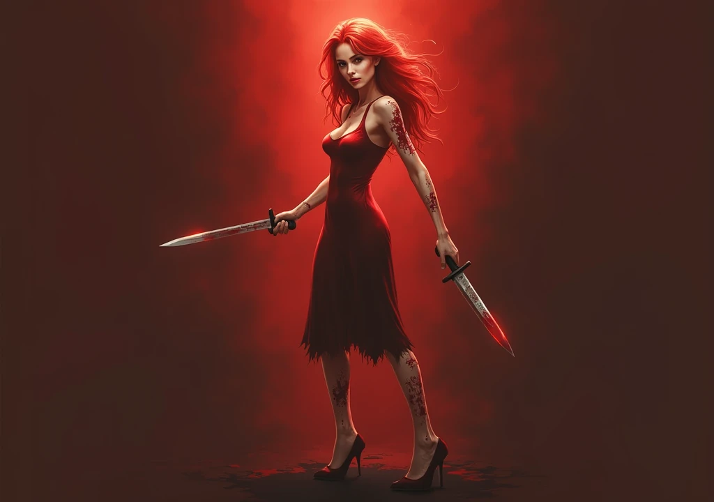 redhead woman in bloody clothes holding a silver knife making a murderous pose