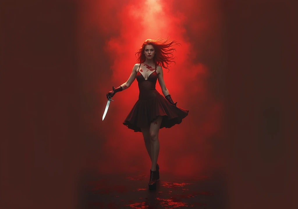 redhead woman in bloody clothes holding a silver knife making a murderous pose